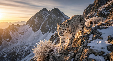 Snow leopard (Panthera leo) in the mountains at sunrise.の素材