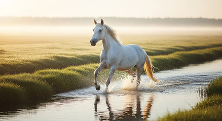 White horse gallops through the water on a foggy morning.の素材