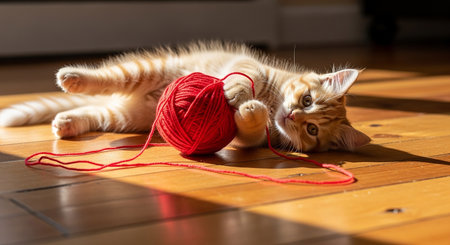 Cute ginger kitten playing with a ball of yarn on the floorの素材