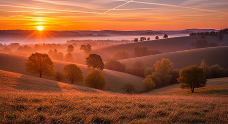 Beautiful sunrise in the morning misty meadow with trees.の素材