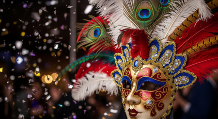 Traditional Venetian carnival mask with feathers and ornamentsの素材