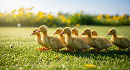 Little yellow ducklings on green grass with yellow flowers in the backgroundの素材