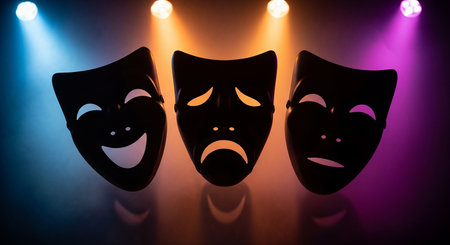 Comedy and tragedy theatrical masks with lights on background. Selective focusの素材
