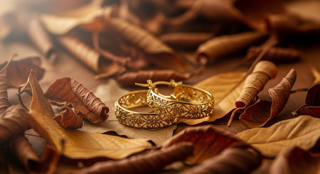 golden wedding rings on dry leaves background, selective focus, vintage toneの素材