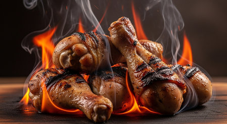 Grilled chicken legs with flames on wooden table, closeup viewの素材