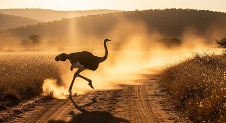 African ostrich walking on dirt road at sunset in Kruger Park, South Africaの素材