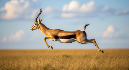 Springbok jumping in the Masai Mara National Park, Kenyaの素材