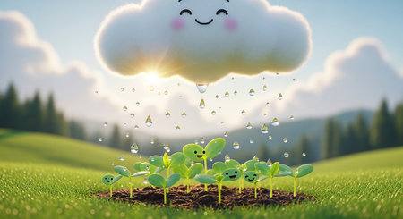 Green seedling with happy face and rain cloud on the green fieldの素材