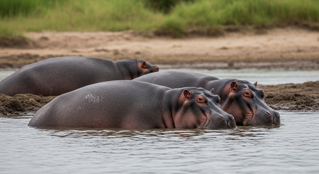 Hippos in the Chobe River, Botswana, Africaの素材
