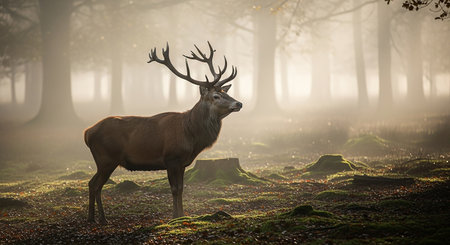 Red deer stag in autumn forest with mist. 3D Renderingの素材