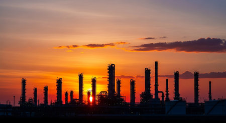 Oil refinery at sunset, petrochemical plant with blue sky backgroundの素材