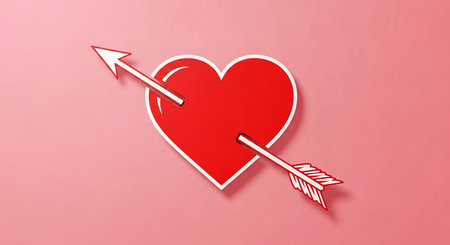 Red heart pierced by an arrow on a pink background. 3d renderingの素材