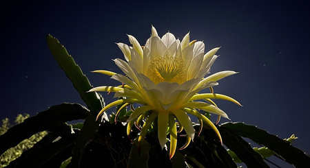 Close up of a blooming cactus flower on a dark backgroundの素材