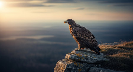 White tailed eagle (Haliaeetus albicilla) sitting on a rock at sunrise.の素材