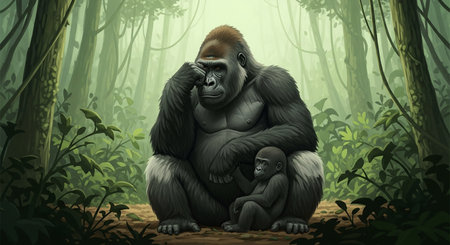 Gorilla with a child in the jungle. Vector illustration.の素材