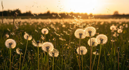 Dandelions in the meadow at sunset. Nature background.の素材