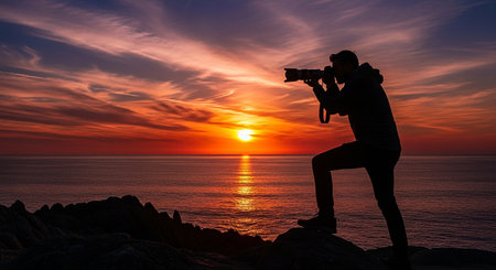 Photographer taking photo of beautiful seascape at sunset, silhouetteの素材