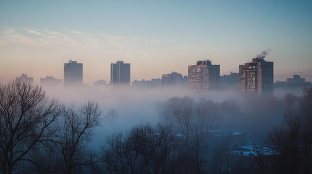 Cityscape in fog at sunrise. Panoramic view of the city.の素材
