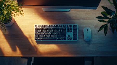 Computer keyboard and mouse on wooden desk, top view with copy spaceの素材