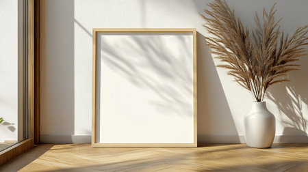 Interior of modern living room with white walls, wooden floor, white mock up poster frame and vase with pampas grass. 3d renderingの素材