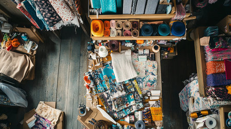 Sewing and needlework concept. Top view of a sewing workshopの素材