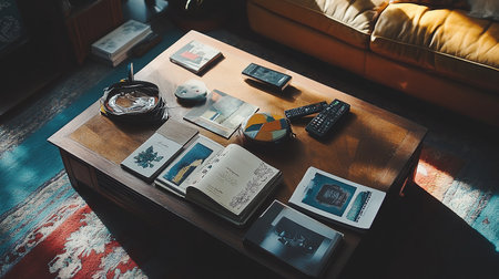 Table with books, mobile phone and coffee cup in the living roomの素材
