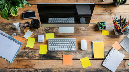 High angle view of modern workplace with computer and office supplies on wooden tableの素材