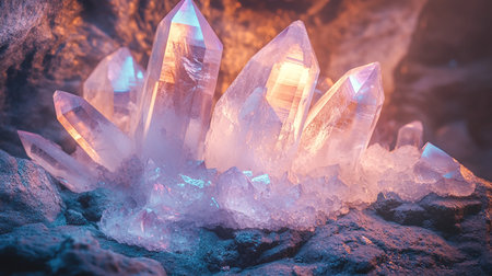 Close up of crystal quartz crystals on the rocks. Natural background.の素材