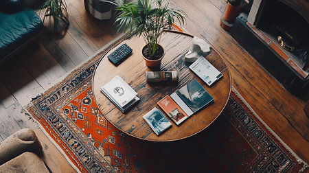 Interior of modern living room with wooden floor, sofa, coffee table, books and plantの素材