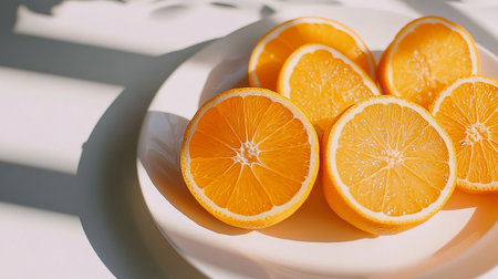 Slices of fresh orange on a white plate in sunlight.の素材