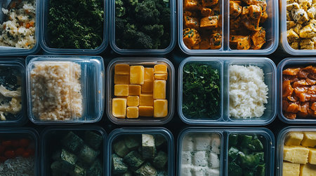 Top view of different types of asian food in plastic containers on tableの素材