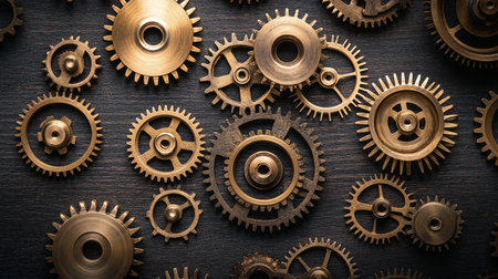 Steampunk background with gears and cogwheels. Top view.の素材