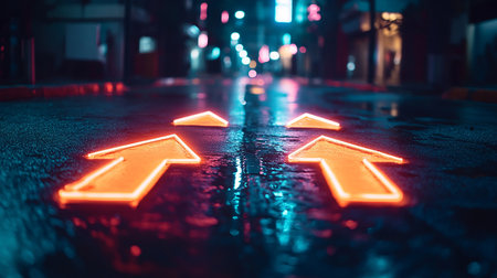 Glowing neon arrows on wet street at night. 3D renderingの素材