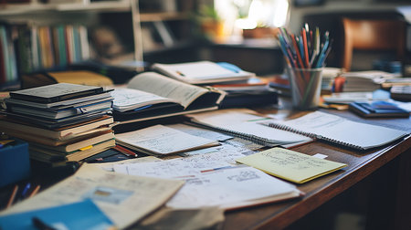Messy Office Desk with Stationery and Blank Notebook in the Officeの素材