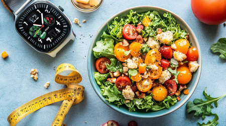 Healthy salad with quinoa, cherry tomatoes and measuring tape on blue backgroundの素材