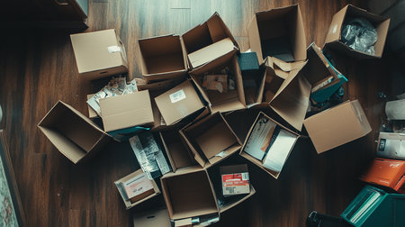 Messy cardboard boxes on the floor in a messy living room.の素材