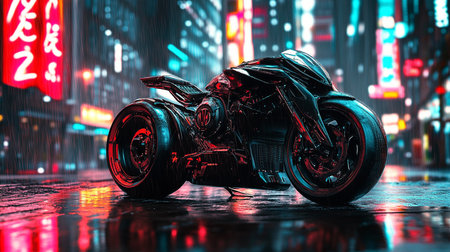 3D rendering of a futuristic chopper motorcycle in the night cityの素材