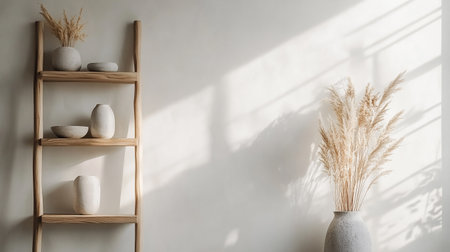 Wooden shelves with pampas grass in vase on white wallの素材