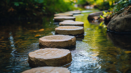 Stone walkway in the park with small stream. Natural background.の素材