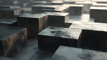 abstract 3d rendering of concrete cubes in dark room with lightの素材