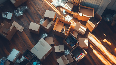 Moving boxes on the floor in new apartment. Moving house concept.の素材