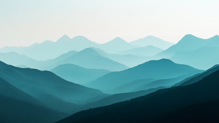 Mountain landscape with blue hills and fog in the morning light.の素材