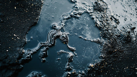 Wet asphalt road with puddles and cracks. Abstract backgroundの素材