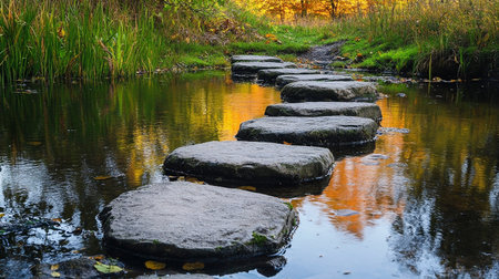 Autumn landscape with a river and stones in the foreground, Russiaの素材