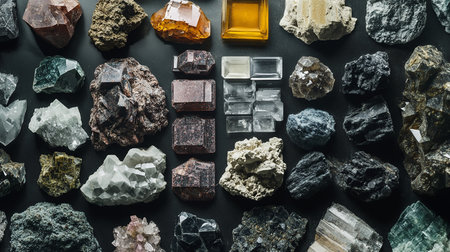 Variety of minerals and gems on a black background, top viewの素材