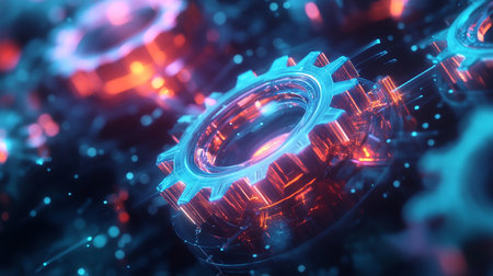 3D illustration of gear wheel mechanism with glowing neon lights background.の素材
