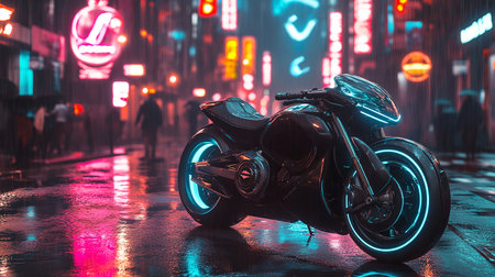 Motorcycle in the city at night with neon lights. Night city concept.の素材