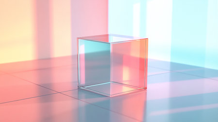 3d rendering of a transparent cube in a room with colored lightsの素材