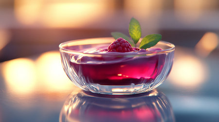 Raspberry jelly in a glass bowl on a table. Selective focus.の素材