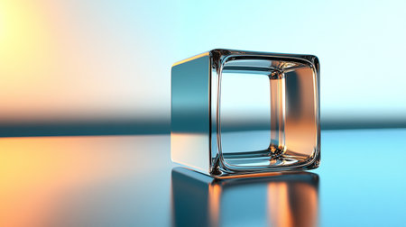 3D illustration of a cube with reflection on a reflective surface.の素材